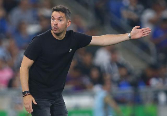 Cruz Azul's Argentine head coach Nicolas Larcamon reacts during the Liga MX Clausura tournament football match between Monterrey and Cruz Azul at BBVA Stadium in Monterrey, Mexico on February 28, 2026. (Photo by Julio Cesar AGUILAR / AFP)