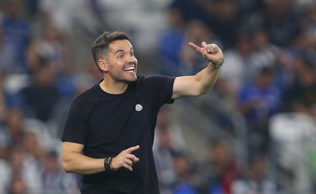 Cruz Azul's Argentine head coach Nicolas Larcamon reacts during the Liga MX Clausura tournament football match between Monterrey and Cruz Azul at BBVA Stadium in Monterrey, Mexico on February 28, 2026. (Photo by Julio Cesar AGUILAR / AFP)