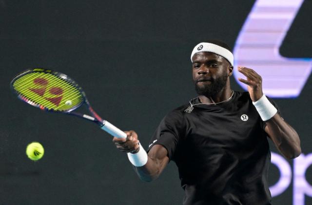 US' Frances Tiafoe returns to Italy's Flavio Cobolli during the 2026 Mexico ATP 500 Tennis Open men's singles tennis final match at the Arena GNP Seguros in Acapulco, Guerrero State, Mexico on February 28, 2026. (Photo by Alfredo ESTRELLA / AFP)