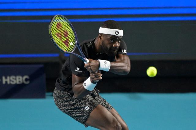 US' Frances Tiafoe returns to Italy's Flavio Cobolli during the 2026 Mexico ATP 500 Tennis Open men's singles tennis final match at the Arena GNP Seguros in Acapulco, Guerrero State, Mexico on February 28, 2026. (Photo by Alfredo ESTRELLA / AFP)