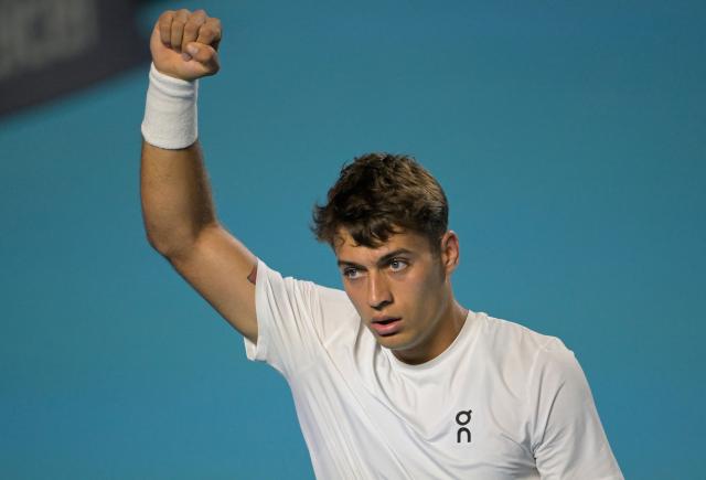 Italy's Flavio Cobolli reacts after winning a point against US' Frances Tiafoe during the 2026 Mexico ATP 500 Tennis Open men's singles tennis final match at the Arena GNP Seguros in Acapulco, Guerrero State, Mexico on February 28, 2026. (Photo by Alfredo ESTRELLA / AFP)