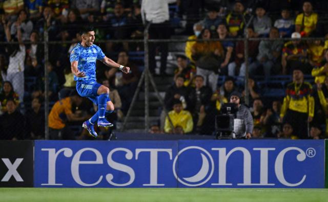 Tigres' defender #27 Jesus Angulo celebrates after scoring his team's second goal during the Liga MX Clausura tournament football match between America and Tigres at the Ciudad de los Deportes Stadium in Mexico City on February 28, 2026. (Photo by Yuri CORTEZ / AFP)