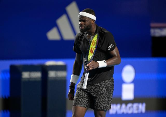 US' Frances Tiafoe reacts after a point against Italy's Flavio Cobolli during the 2026 Mexico ATP 500 Tennis Open men's singles tennis final match at the Arena GNP Seguros in Acapulco, Guerrero State, Mexico on February 28, 2026. (Photo by Alfredo ESTRELLA / AFP)