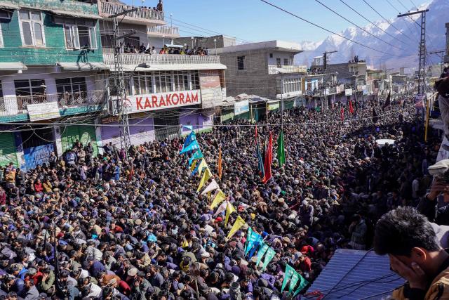 Shiite Muslims gather during an anti-US and Israel protest in Skardu in Pakistan's Gilgit-Baltistan region on March 1, 2026. Pro-Iranian protesters angered by the death of Iran's supreme leader Ali Khamenei tried to storm the US consulate in Pakistan's Karachi on March 1, leaving eight dead. Thousands of people were also taking to the streets in the eastern city of Lahore and in northern Skardu, with a demonstration expected in the afternoon near the diplomatic enclave housing the US embassy in the capital Islamabad. (Photo by Manzoor BALTI / AFP)