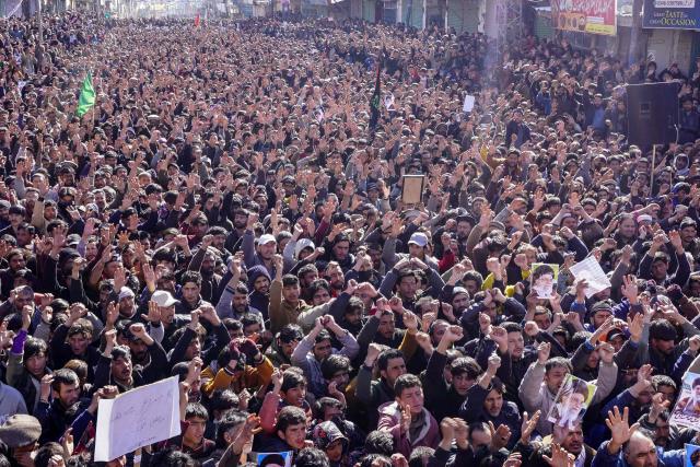 Shiite Muslims gather during an anti-US and Israel protest in Skardu in Pakistan's Gilgit-Baltistan region on March 1, 2026. Pro-Iranian protesters angered by the death of Iran's supreme leader Ali Khamenei tried to storm the US consulate in Pakistan's Karachi on March 1, leaving eight dead. Thousands of people were also taking to the streets in the eastern city of Lahore and in northern Skardu, with a demonstration expected in the afternoon near the diplomatic enclave housing the US embassy in the capital Islamabad. (Photo by Manzoor BALTI / AFP)