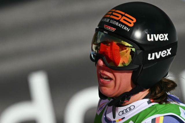 Germany's Kira Weidle-Winkelmann reacts after crossing the finish line of the women's super G race, part of the FIS Alpine Ski World Cup 2025-2026 in Soldeu on March 1, 2026. (Photo by Lionel BONAVENTURE / AFP)