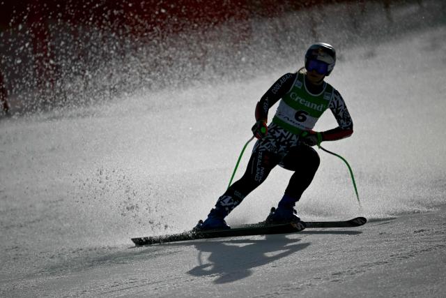 New Zealand's Alice Robinson reacts after crossing the finish line of the women's super G race, part of the FIS Alpine Ski World Cup 2025-2026 in Soldeu on March 1, 2026. (Photo by Lionel BONAVENTURE / AFP)