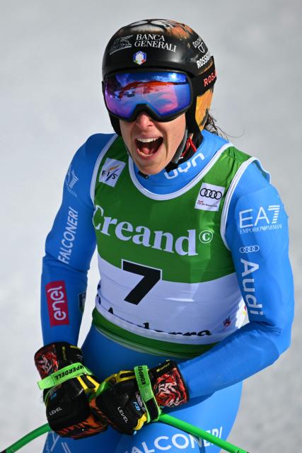Italy's Federica Brignone reacts after crossing the finish line of the women's super G race, part of the FIS Alpine Ski World Cup 2025-2026 in Soldeu on March 1, 2026. (Photo by Lionel BONAVENTURE / AFP)