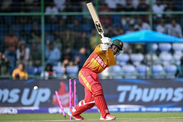 Zimbabwe's Tadiwanashe Marumani is clean bowled by South Africa's Kwena Maphaka during the 2026 ICC Men's T20 Cricket World Cup Super Eights match between Zimbabwe and South Africa at the Arun Jaitley Stadium in New Delhi on March 1, 2026. (Photo by Sajjad HUSSAIN / AFP)