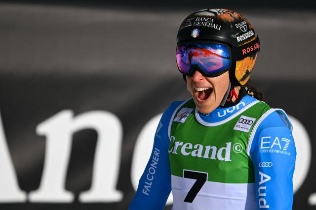Italy's Federica Brignone reacts after crossing the finish line of the women's super G race, part of the FIS Alpine Ski World Cup 2025-2026 in Soldeu on March 1, 2026. (Photo by Lionel BONAVENTURE / AFP)