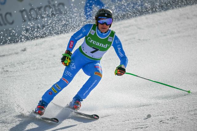 Italy's Federica Brignone reacts after crossing the finish line of the women's super G race, part of the FIS Alpine Ski World Cup 2025-2026 in Soldeu on March 1, 2026. (Photo by Lionel BONAVENTURE / AFP)