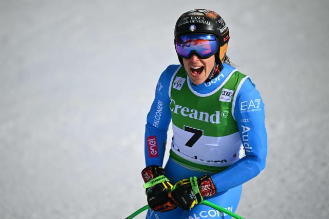 Italy's Federica Brignone reacts after crossing the finish line of the women's super G race, part of the FIS Alpine Ski World Cup 2025-2026 in Soldeu on March 1, 2026. (Photo by Lionel BONAVENTURE / AFP)