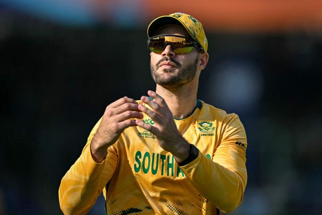 South Africa's captain Aiden Markram gestures during the 2026 ICC Men's T20 Cricket World Cup Super Eights match between Zimbabwe and South Africa at the Arun Jaitley Stadium in New Delhi on March 1, 2026. (Photo by Sajjad HUSSAIN / AFP)