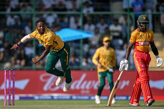 South Africa's Kwena Maphaka (L) delivers a ball during the 2026 ICC Men's T20 Cricket World Cup Super Eights match between Zimbabwe and South Africa at the Arun Jaitley Stadium in New Delhi on March 1, 2026. (Photo by Sajjad HUSSAIN / AFP)