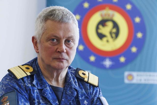 Belgium's Navy Commander Tanguy Botman attends a press conference a day after Belgium's special forces boarded and seized the oil tanker Ethera, part of the "shadow fleet" Russia uses to circumvent Western sanctions over the war in Ukraine, at the naval base in Zeebrugge, northern Belgium, on March 1, 2026. The tanker flew the flag of Guinea, but an on-board inspection confirmed suspicion that it was sailing under a false flag, Belgian prosecutors said. French President confirmed on X that French naval forces assisted in the operation, calling it a "major blow" to Russia's so-called "shadow fleet". (Photo by NICOLAS MAETERLINCK / Belga / AFP) / Belgium OUT