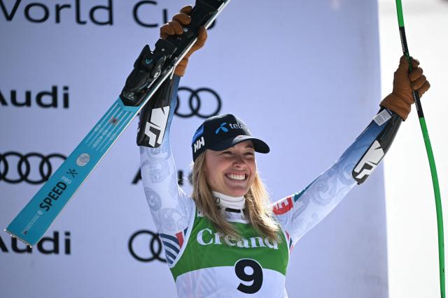 Third-placed Norway's Kajsa Vickhoff Lie celebrates on the podium after competing in the women's super G race, part of the FIS Alpine Ski World Cup 2025-2026 in Soldeu, Andorra on March 1, 2026. (Photo by Lionel BONAVENTURE / AFP)