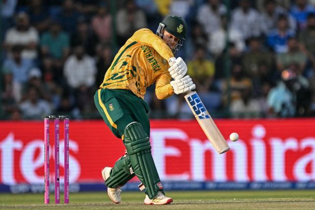 South Africa's Ryan Rickelton plays a shot during the 2026 ICC Men's T20 Cricket World Cup Super Eights match between Zimbabwe and South Africa at the Arun Jaitley Stadium in New Delhi on March 1, 2026. (Photo by Sajjad HUSSAIN / AFP)