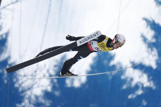 Germany's Philipp Raimund soars through the air during the qualification round of the Men Flying Hill Individual HS235 competition of the FIS Ski Jumping World Cup in Kulm Bad Mitterndorf, Austria, on March 1, 2026. (Photo by ERWIN SCHERIAU / APA / AFP) / Austria OUT
