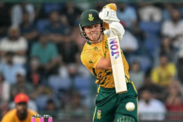 South Africa's Dewald Brevis plays a shot during the 2026 ICC Men's T20 Cricket World Cup Super Eights match between Zimbabwe and South Africa at the Arun Jaitley Stadium in New Delhi on March 1, 2026. (Photo by Sajjad HUSSAIN / AFP)