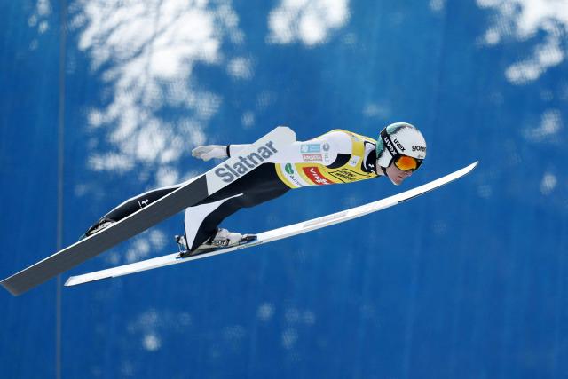 Slovenia's Domen Prevc soars through the air during the qualification round of the Men Flying Hill Individual HS235 competition of the FIS Ski Jumping World Cup in Kulm Bad Mitterndorf, Austria, on March 1, 2026. (Photo by ERWIN SCHERIAU / APA / AFP) / Austria OUT