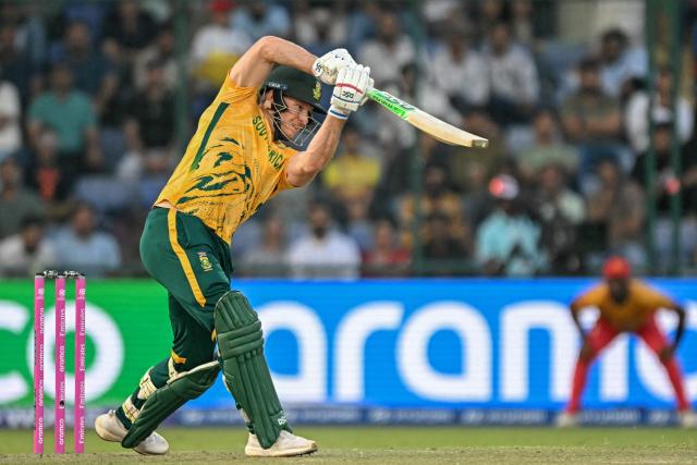 South Africa's David Miller plays a shot during the 2026 ICC Men's T20 Cricket World Cup Super Eights match between Zimbabwe and South Africa at the Arun Jaitley Stadium in New Delhi on March 1, 2026. (Photo by Sajjad HUSSAIN / AFP)