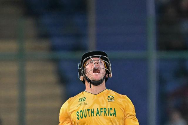South Africa's David Miller reacts after his dismissal during the 2026 ICC Men's T20 Cricket World Cup Super Eights match between Zimbabwe and South Africa at the Arun Jaitley Stadium in New Delhi on March 1, 2026. (Photo by Sajjad HUSSAIN / AFP)