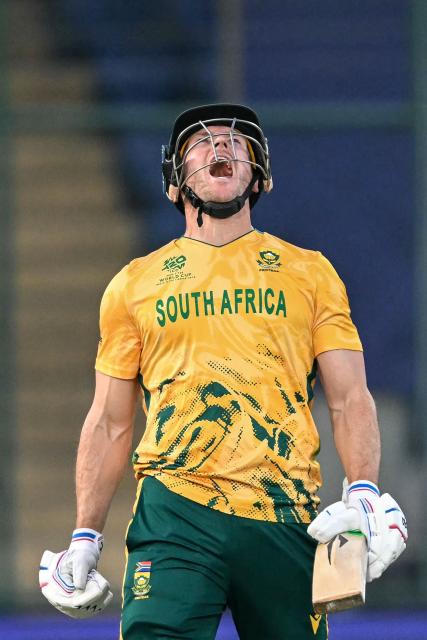 South Africa's David Miller reacts after his dismissal during the 2026 ICC Men's T20 Cricket World Cup Super Eights match between Zimbabwe and South Africa at the Arun Jaitley Stadium in New Delhi on March 1, 2026. (Photo by Sajjad HUSSAIN / AFP)