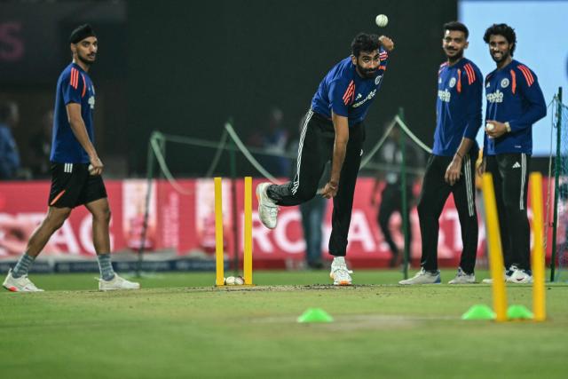 India's Jasprit Bumrah (2L), Tilak Varma (R), Axar Patel (2R) and Arshdeep Singh take part in a bowling practice before the start of the 2026 ICC Men's T20 Cricket World Cup Super Eights match between India and West Indies at the Eden Gardens in Kolkata on March 1, 2026. (Photo by Arun SANKAR / AFP)