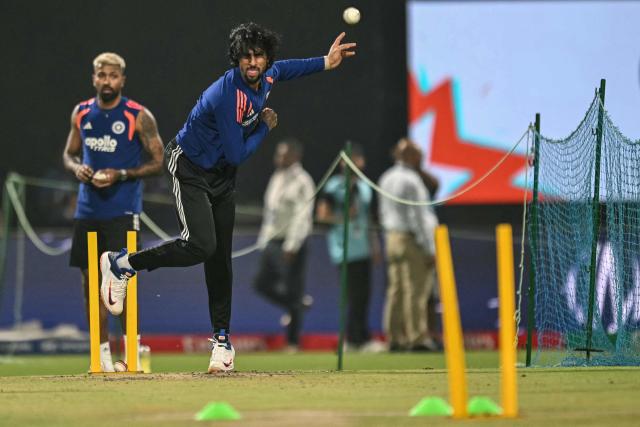 India's Tilak Varma (R) and Hardik Pandya take part in a bowling practice before the start of the 2026 ICC Men's T20 Cricket World Cup Super Eights match between India and West Indies at the Eden Gardens in Kolkata on March 1, 2026. (Photo by Arun SANKAR / AFP)