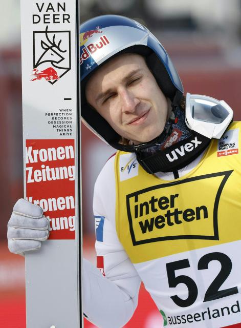 Austria's Daniel Tschofenig reacts after the second round of the Men Flying Hill Individual HS235 competition of the FIS Ski Jumping World Cup in Kulm Bad Mitterndorf, Austria, on March 1, 2026. (Photo by ERWIN SCHERIAU / APA / AFP) / Austria OUT