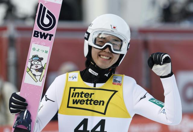 Japan's Naoki Nakamura reacts after the second round of the Men Flying Hill Individual HS235 competition of the FIS Ski Jumping World Cup in Kulm Bad Mitterndorf, Austria, on March 1, 2026. (Photo by ERWIN SCHERIAU / APA / AFP) / Austria OUT