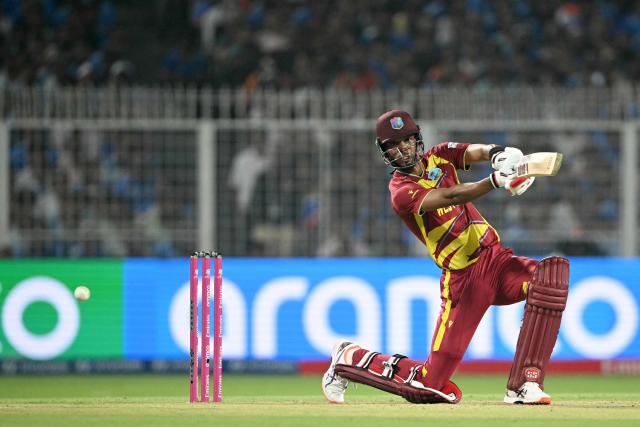 West Indies' Roston Chase plays a shot during the 2026 ICC Men's T20 Cricket World Cup Super Eights match between India and West Indies at the Eden Gardens in Kolkata on March 1, 2026. (Photo by Dibyangshu SARKAR / AFP)