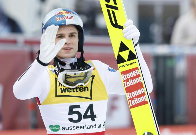 Austria's Stephan Embacher reacts after the second round of the Men Flying Hill Individual HS235 competition of the FIS Ski Jumping World Cup in Kulm Bad Mitterndorf, Austria, on March 1, 2026. (Photo by ERWIN SCHERIAU / APA / AFP) / Austria OUT