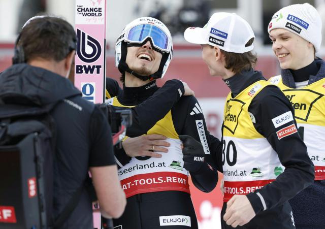 Norway's Johann Andre Forfang reacts after the second round of the Men Flying Hill Individual HS235 competition of the FIS Ski Jumping World Cup in Kulm Bad Mitterndorf, Austria, on March 1, 2026. (Photo by ERWIN SCHERIAU / APA / AFP) / Austria OUT