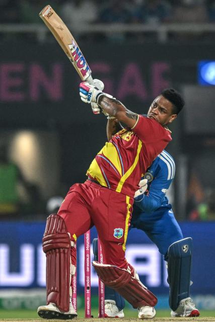 West Indies' Shimron Hetmyer plays a shot during the 2026 ICC Men's T20 Cricket World Cup Super Eights match between India and West Indies at the Eden Gardens in Kolkata on March 1, 2026. (Photo by Arun SANKAR / AFP)