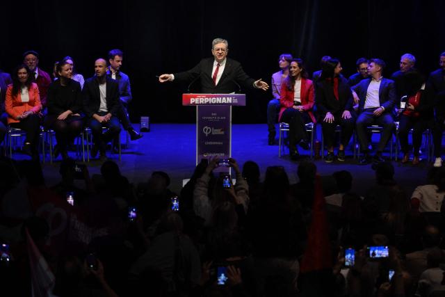 Leader of French leftist La France Insoumise (LFI) party Jean-Luc Melenchon delivers a speech during a campaign rally of the LFI Perpignan mayoral candidate ahead of France's municipal elections, in Perpignan, southern France, on March 1, 2026. French voters head to the polls for municipal elections on March 15 and 22, 2026. (Photo by Ed JONES / AFP)