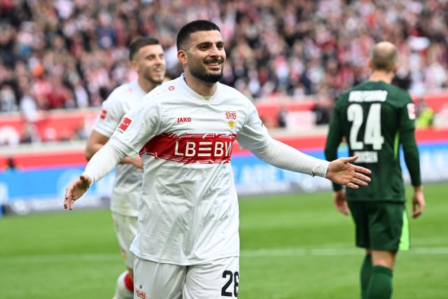 Stuttgart's German forward #26 Deniz Undav celebrates scoring his team's first goal during the German first division Bundesliga football match between VfB Stuttgart and VfL Wolfsburg in Stuttgart, southern Germany, on March 1, 2026. (Photo by THOMAS KIENZLE / AFP) / DFL REGULATIONS PROHIBIT ANY USE OF PHOTOGRAPHS AS IMAGE SEQUENCES AND/OR QUASI-VIDEO