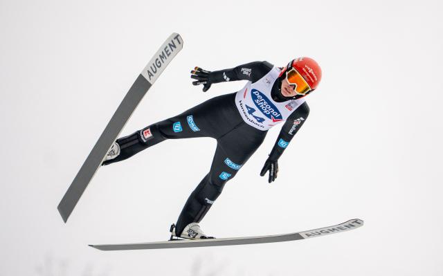 Germany's Selina Freitag soars through the air during the Women's Individual HS90 competition at the FIS Ski Jumping World Cup in Hinzenbach, Austria, on March 1, 2026. (Photo by GEORG HOCHMUTH / APA / AFP) / Austria OUT