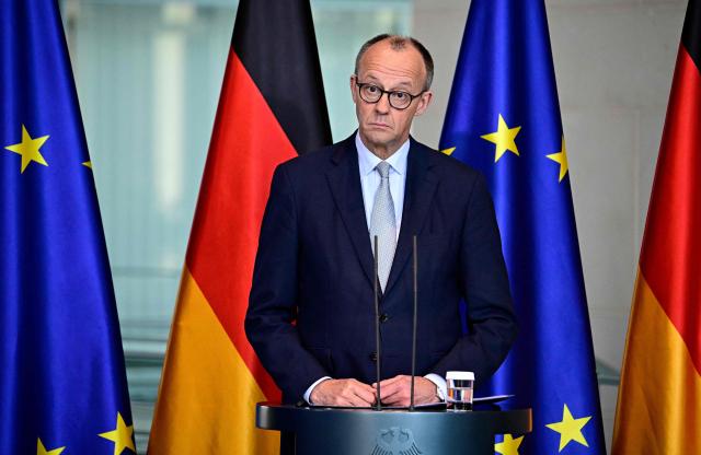 German Chancellor Friedrich Merz addresses a press conference on the situation in the Middle East at the Chancellery in Berlin on March 1, 2026.  (Photo by Tobias SCHWARZ / AFP)
