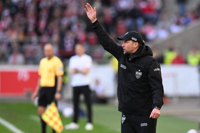 Stuttgart's German head coach Sebastian Hoeness reacts during the German first division Bundesliga football match between VfB Stuttgart and VfL Wolfsburg in Stuttgart, southern Germany, on March 1, 2026. (Photo by THOMAS KIENZLE / AFP) / DFL REGULATIONS PROHIBIT ANY USE OF PHOTOGRAPHS AS IMAGE SEQUENCES AND/OR QUASI-VIDEO
