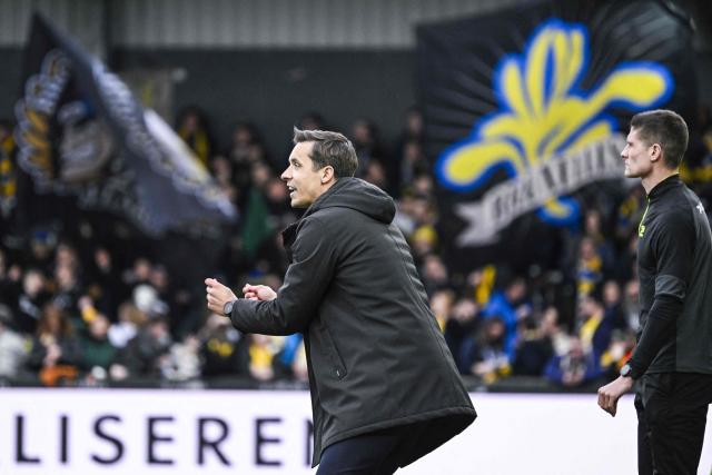 Union's head coach David Hubert  reacts during a Belgian Pro League football match between KVC Westerlo and Royale Union Saint-Gilloise at Het Kuipje stadium in Westerlo on March 1, 2026. (Photo by Tom Goyvaerts / Belga / AFP) / Belgium OUT