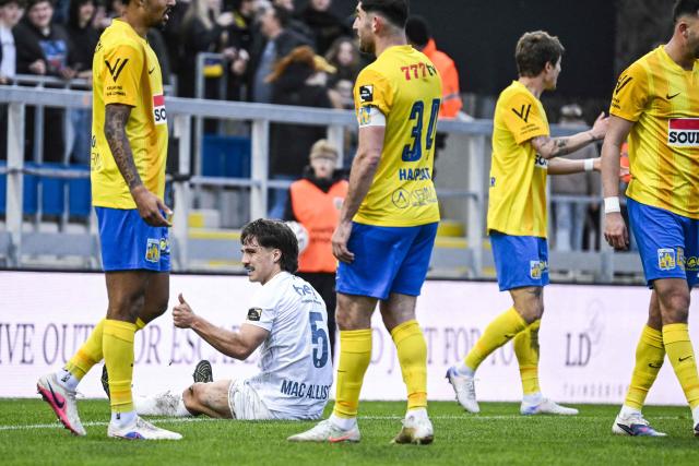 Royale Union Saint-Gilloise's Argentine defender #05 Kevin Mac Allister reacts after missing a goal opportunity  during a Belgian Pro League football match between KVC Westerlo and Royale Union Saint-Gilloise at Het Kuipje stadium in Westerlo on March 1, 2026. (Photo by Tom Goyvaerts / Belga / AFP) / Belgium OUT