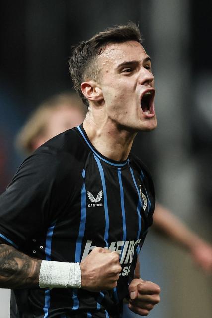 Club Brugge's Serbian midfielder #25 Aleksandar Stankovic celebrates after winning the Belgian "Pro League" First Division football match between Royal Charleroi and Club Brugge KV at the Stade du Pays de Charleroi, in Charleroi, on March 1, 2026. (Photo by BRUNO FAHY / BELGA / AFP) / Belgium OUT