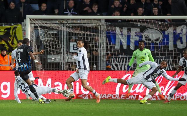 Club Brugge's Ecuadorian defender #04 Joel Ordonez (L) shoots and scores a goal duriing the Belgian "Pro League" First Division football match between Royal Charleroi and Club Brugge KV at the Stade du Pays de Charleroi, in Charleroi, on March 1, 2026. (Photo by VIRGINIE LEFOUR / BELGA / AFP) / Belgium OUT