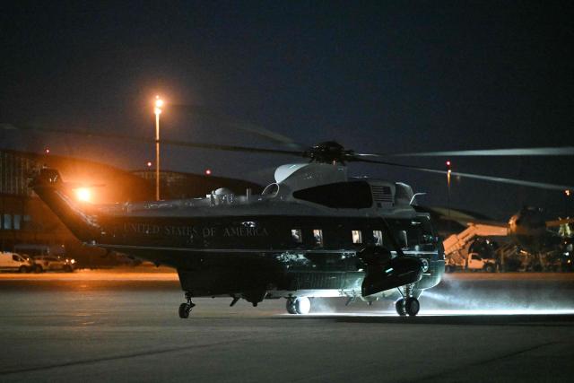 Marine One, with US President Donald Trump onboard, prepares to depart Joint Base Andrews on March 1, 2026, on President Trump's way back to the White House after spending the weekend at his Mar-a-Lago resort. The United States and Israel launched massive bombardments against Iran and killed its supreme leader on February 28, with attacks ongoing Sunday. The US military on Sunday said three service members have been killed and five seriously wounded in the war against Iran -- the first casualties announced on the US side. (Photo by Mandel NGAN / AFP)