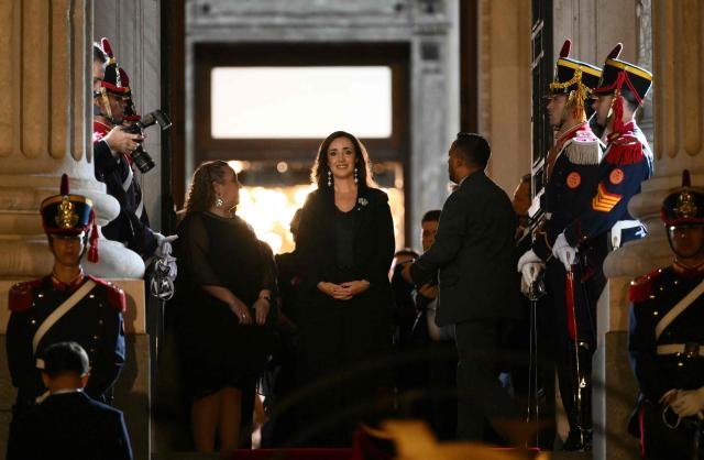 Argentina's Vice-President and president of the Senate Victoria Villarruel waits for Argentina's President Javier Milei to deliver his annual speech to parliament ahead of the inauguration of the 144th ordinary session of Congress in Buenos Aires on March 1, 2026. (Photo by Luis ROBAYO / AFP)