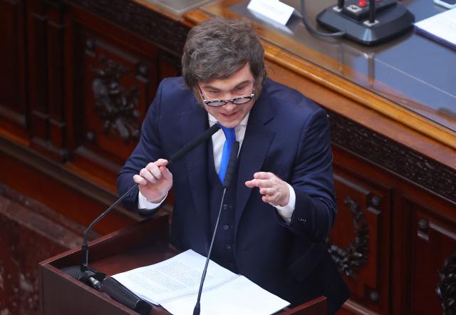 Argentina's President Javier Milei speaks during his annual speech to parliament ahead of the inauguration of the 144th ordinary session of Congress in Buenos Aires on March 1, 2026. (Photo by ALEJANDRO PAGNI / AFP)
