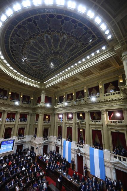 Argentina's President Javier Milei (C) speaks during his annual speech to parliament ahead of the inauguration of the 144th ordinary session of Congress in Buenos Aires on March 1, 2026. (Photo by ALEJANDRO PAGNI / AFP)