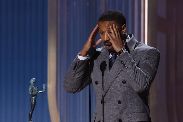 US actor Michael B. Jordan accepts the award for Outstanding Performance by a Male Actor in a Leading Role in a Motion Picture for "Sinners" during the 32nd Annual Actor Awards at the Shrine Auditorium in Los Angeles on March 1, 2026. (Photo by VALERIE MACON / AFP)