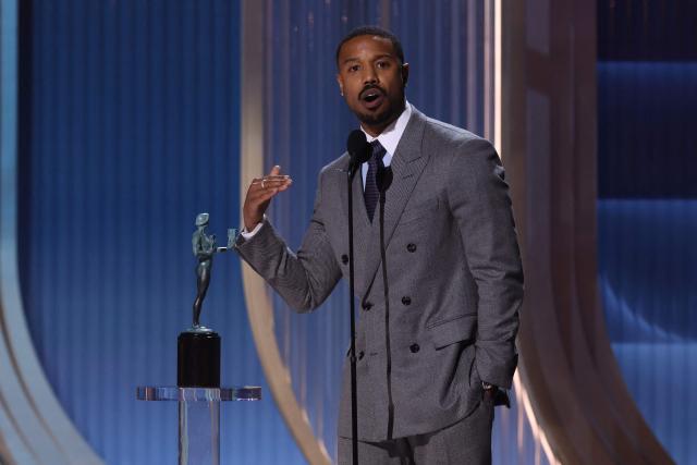 US actor Michael B. Jordan accepts the award for Outstanding Performance by a Male Actor in a Leading Role in a Motion Picture for "Sinners" during the 32nd Annual Actor Awards at the Shrine Auditorium in Los Angeles on March 1, 2026. (Photo by VALERIE MACON / AFP)